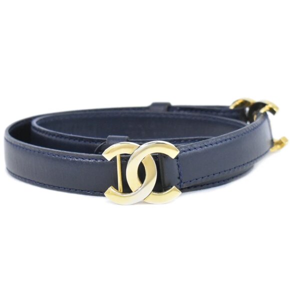 CHANEL CC Leather Gold Plated Belt 60/24 Navy